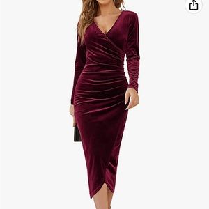 COPY - DIRASS Women's Elegant Velvet Long Sleeve Wrap V Neck Ruched Dress in Wi…